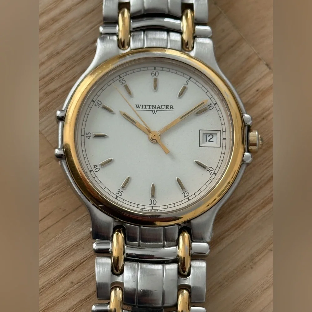 Wittnauer Vintage Luxury Watch Two-Tone Bracelet Case White Dial Date Window